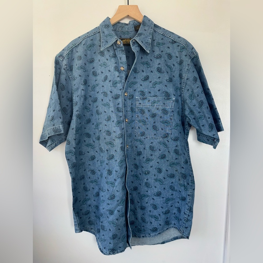 Eddie‎ Bauer Men’s Denim Vintage Paisley Print Button Up 100% Cotton Size M